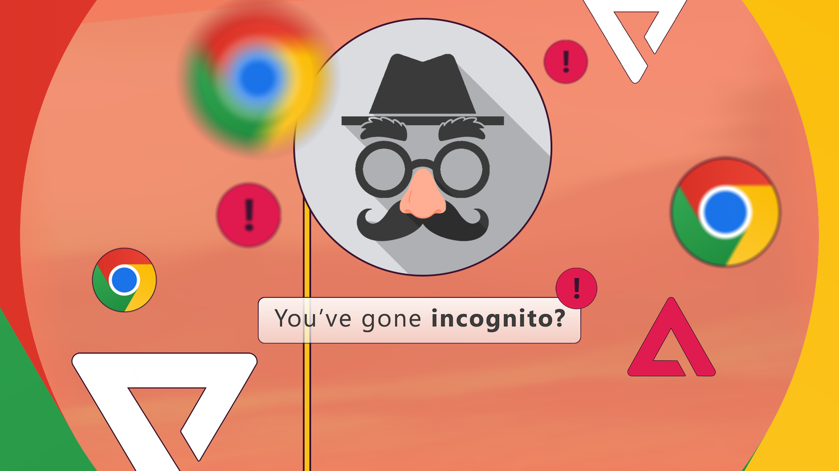 Illustration of Chrome’s Incognito icon wearing a fake disguise with glasses, mustache, and nose, surrounded by Chrome logos and warning symbols.