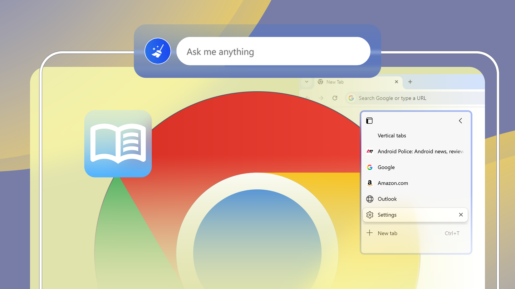 Illustration of the Google Chrome logo with overlays suggesting missing features.