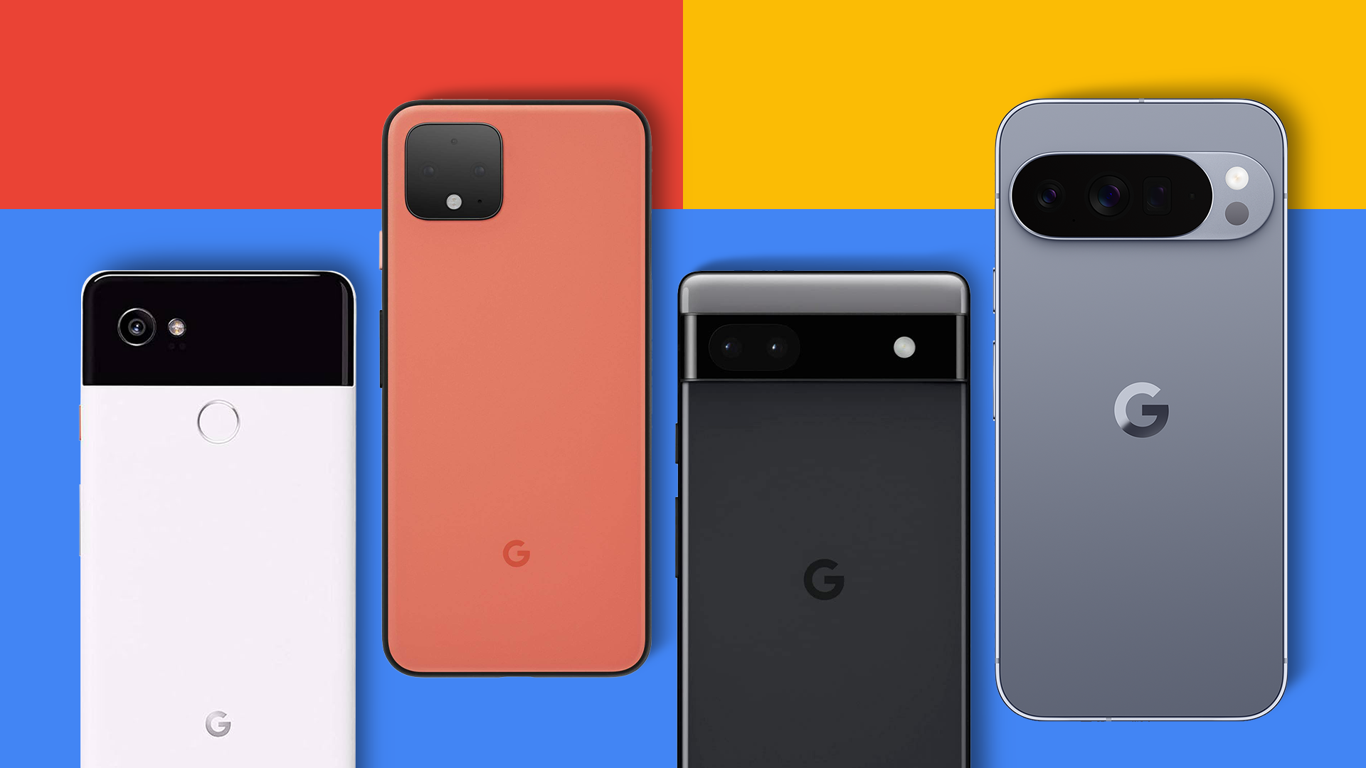 Gamma di smartphone Google Pixel di diverse generazioni, tra cui Pixel 2 XL, Pixel 4 XL, Pixel 6a e Pixel 10 Pro.