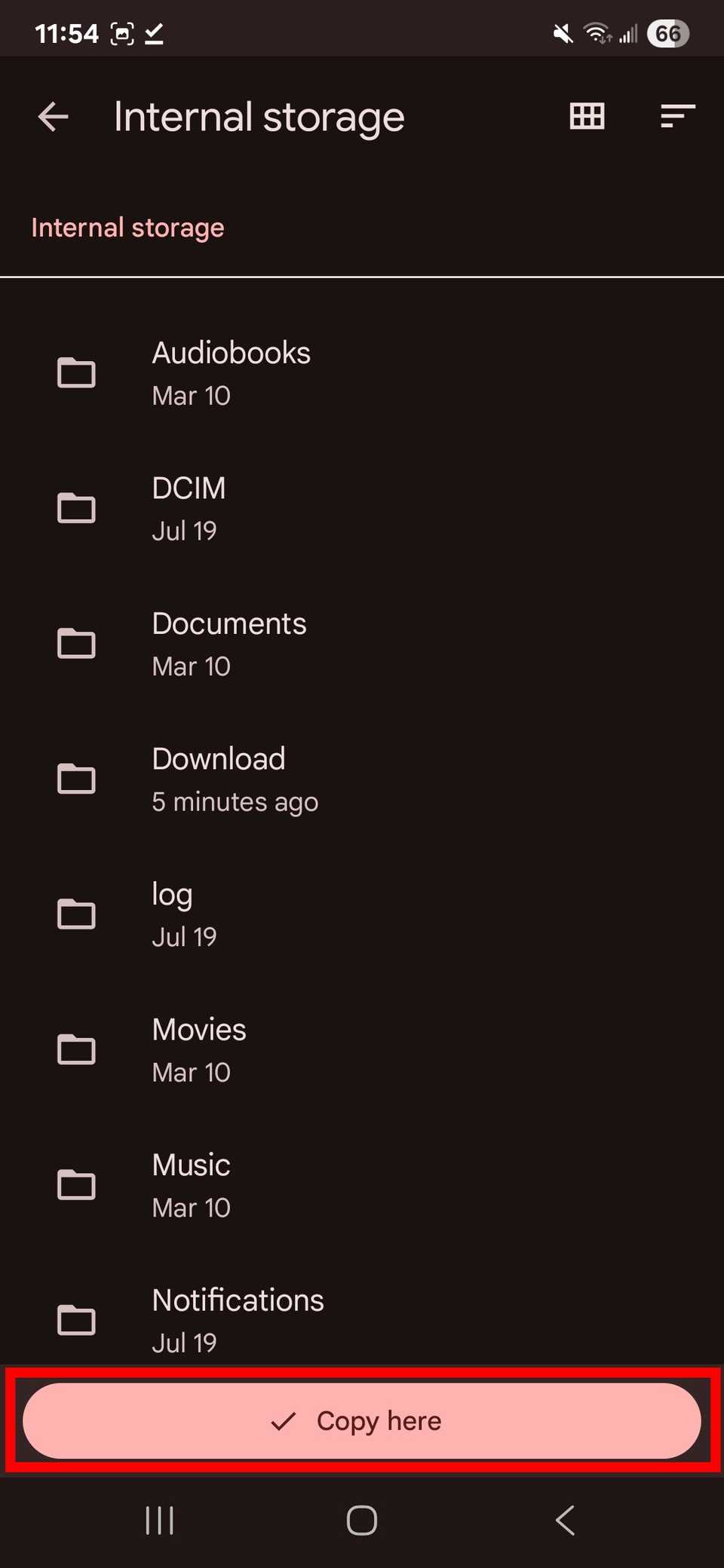 Contorno del rettangolo rosso sopra Copia qui nella memoria interna nell'app Google Files
