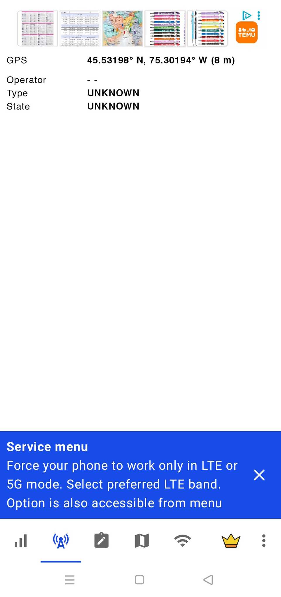 Banner blu sovrapposto al collegamento del menu Servizio nell'app Netmonitor
