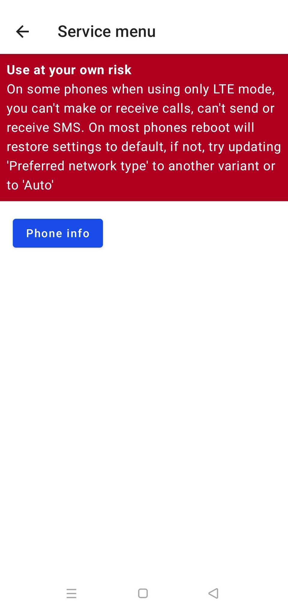 Menu di servizio aperto sull'app Netmonitor che mostra il pulsante Informazioni telefono sotto il banner rosso