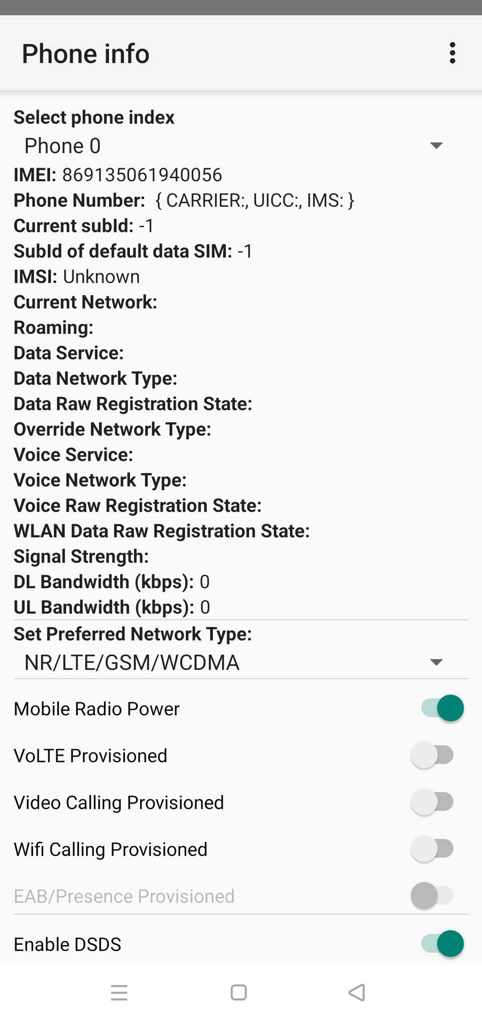 Un elenco di specifiche delle informazioni del telefono visualizzato nell'app Netmonitor con i pulsanti disponibili