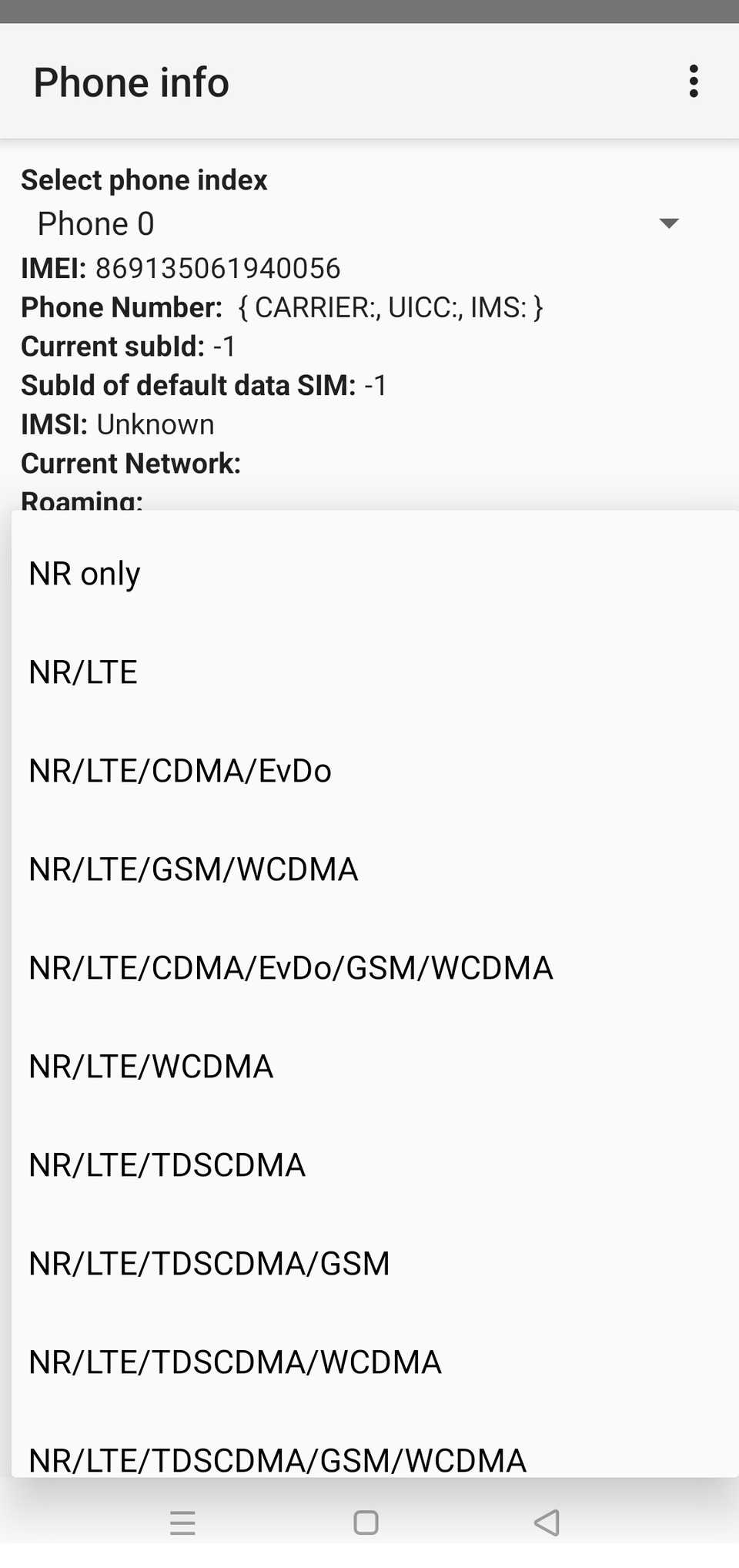 Un elenco di opzioni per forzare un tipo di rete specifico nell'app Netmonitor