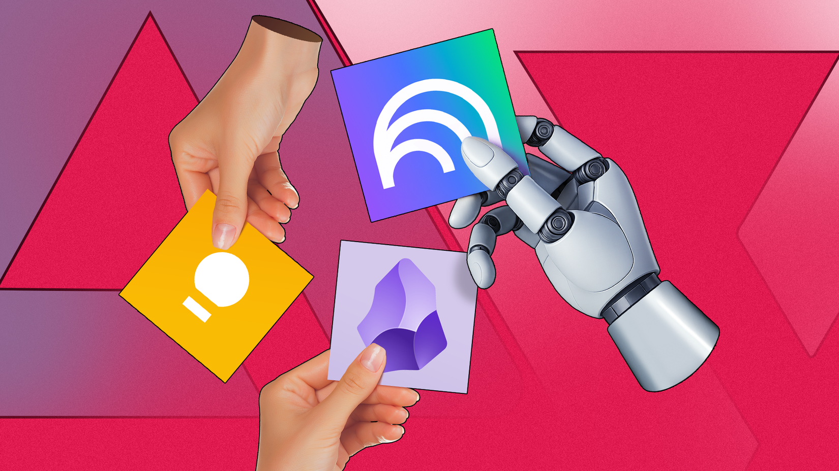 Human hands holding notes with Google Keep and Obsidian logos while a robotic hand holds a note with the NotebookLM logo