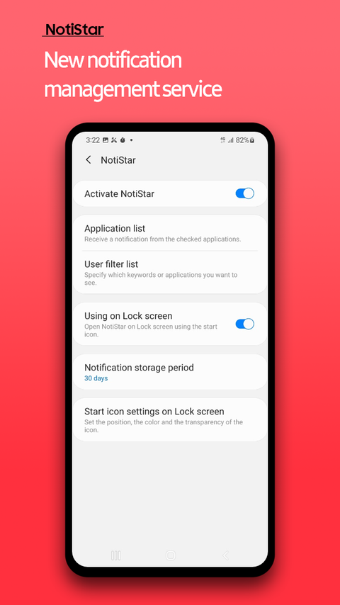NotiStar notification management settings screen.