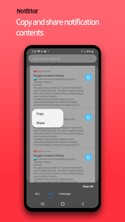 NotiStar copy and share notification contents option.