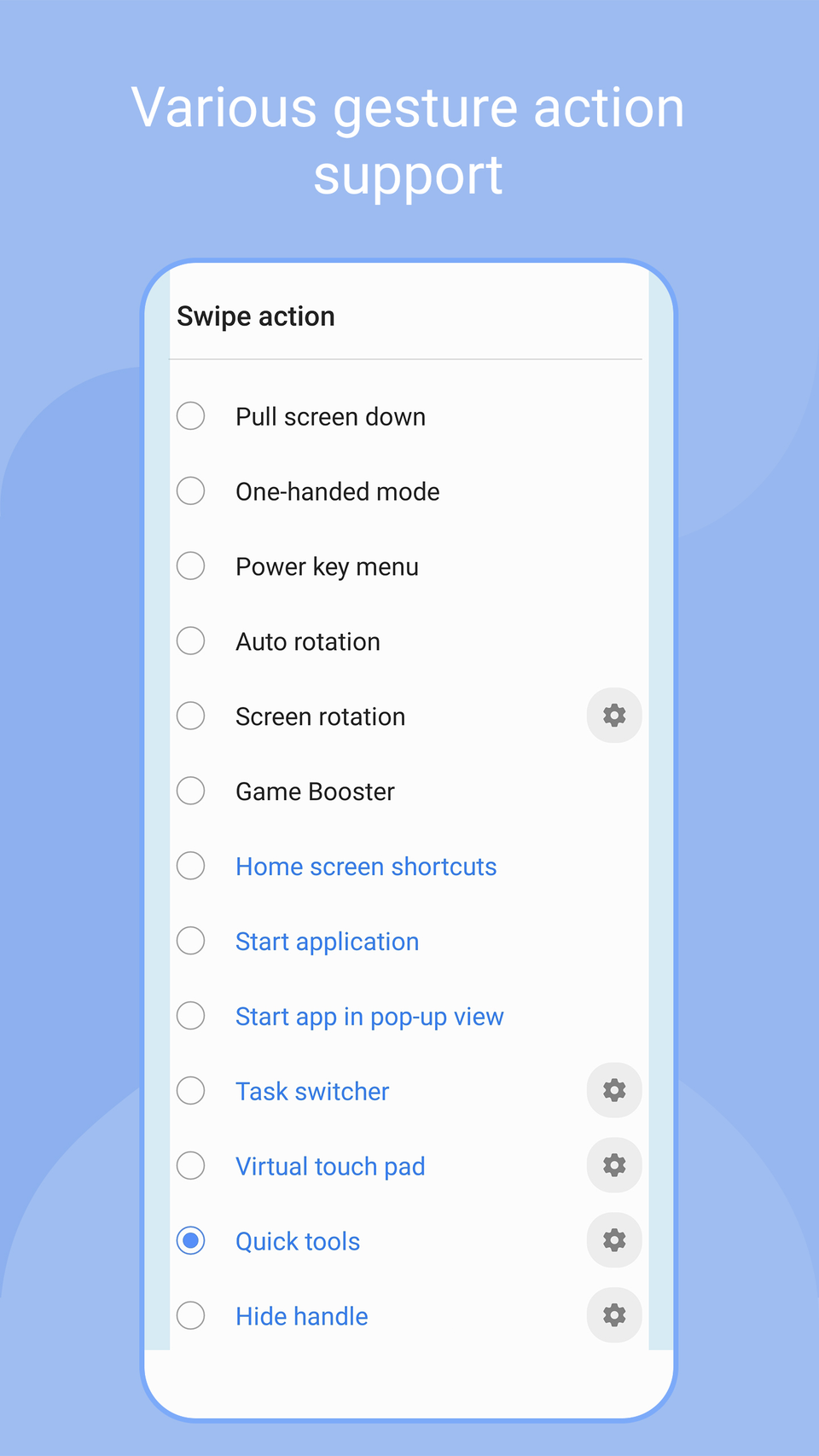 Options for assigning different swipe actions.