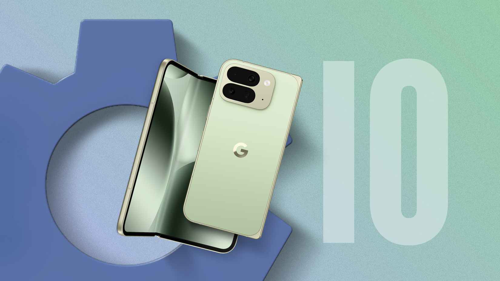 Partially open Google Pixel 10 Pro Fold in light green, placed over a blue gear, with a large '10' on the right.