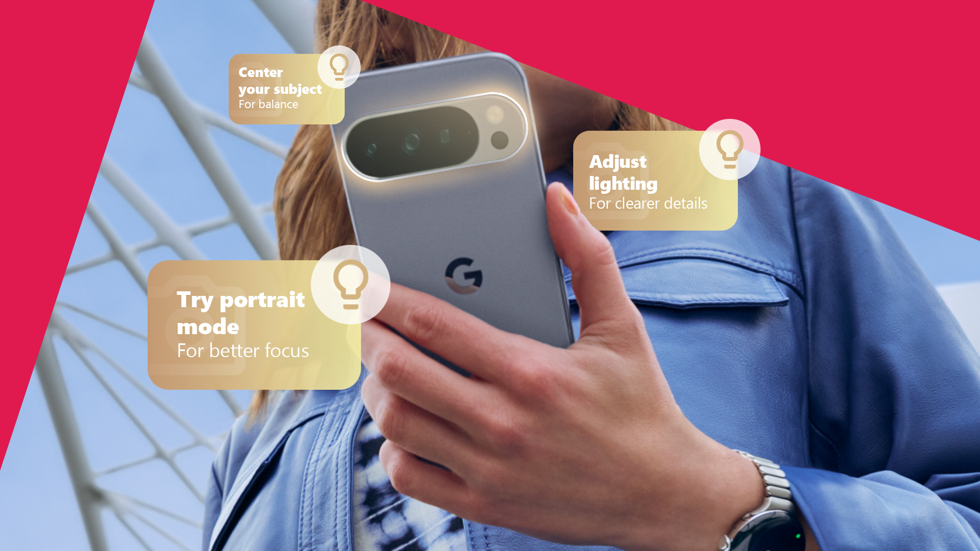 Person holding a Pixel 10 phone with some Camera tips around.