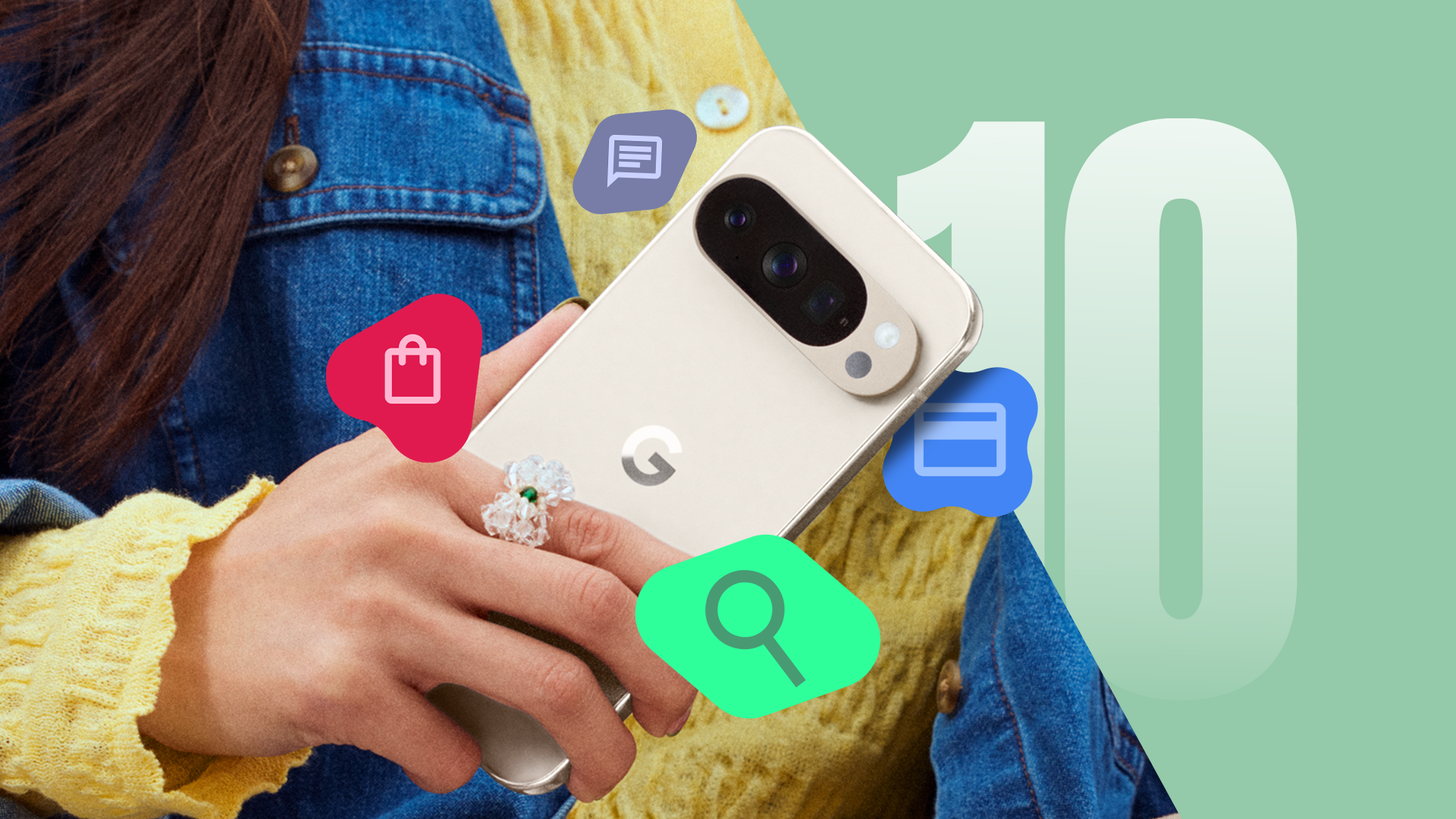 Persona che tiene in mano un telefono Pixel 10 con alcune icone attorno.