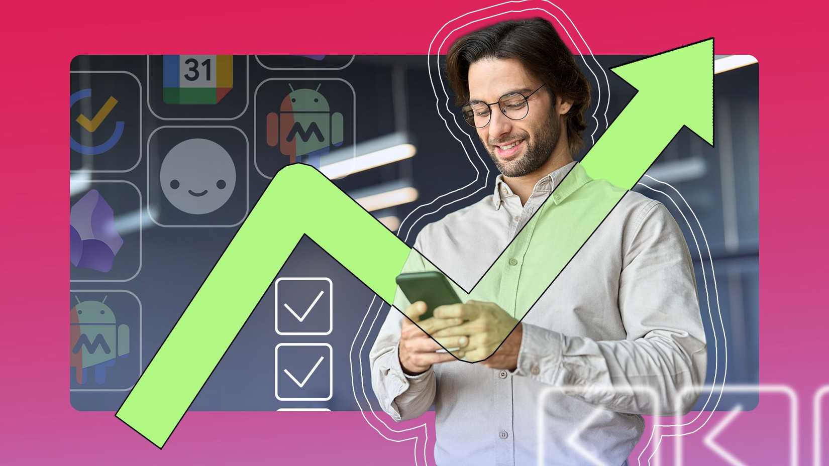 A man smiling while looking at his phone, with app icons in the background and a large green upward arrow