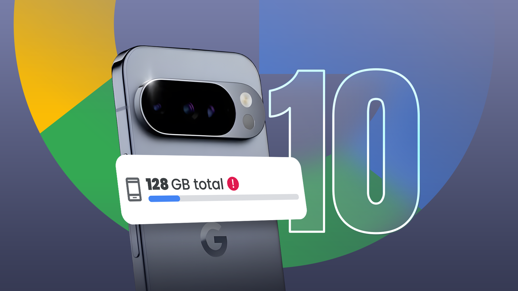 Vista traseira de um smartphone Google Pixel 10 cinza com um indicador de armazenamento mostrando 128 GB no total com um ícone de aviso e um grande número 10 no fundo.