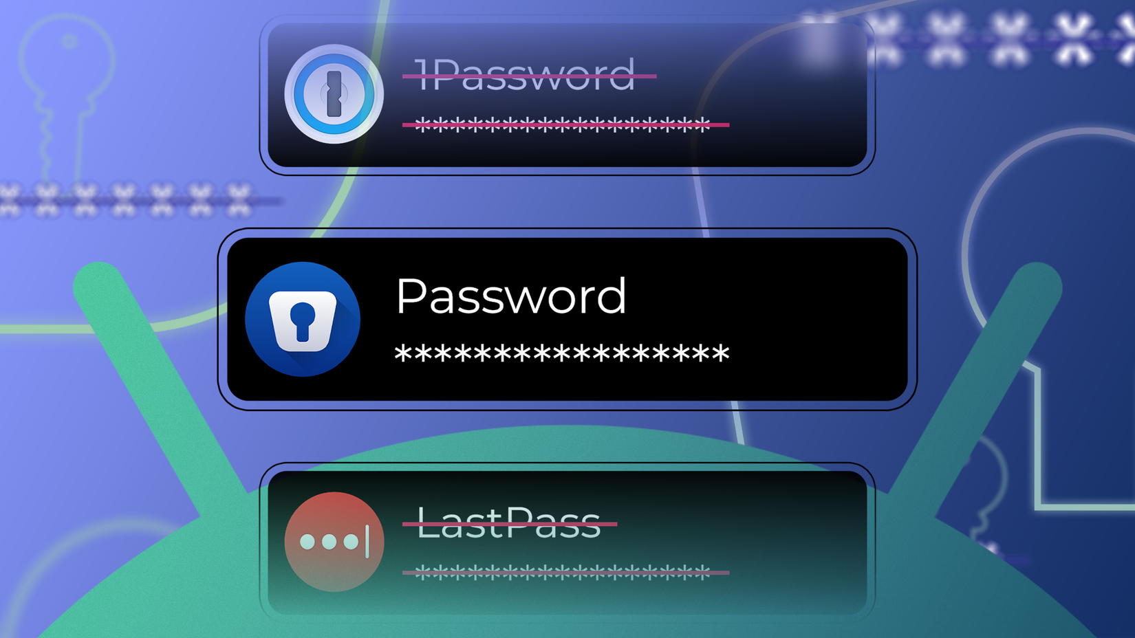 Illustration showing the Enpass logo in the center with the word 'Password' while 1Password and LastPass are crossed out above and below, over an Android-themed background.