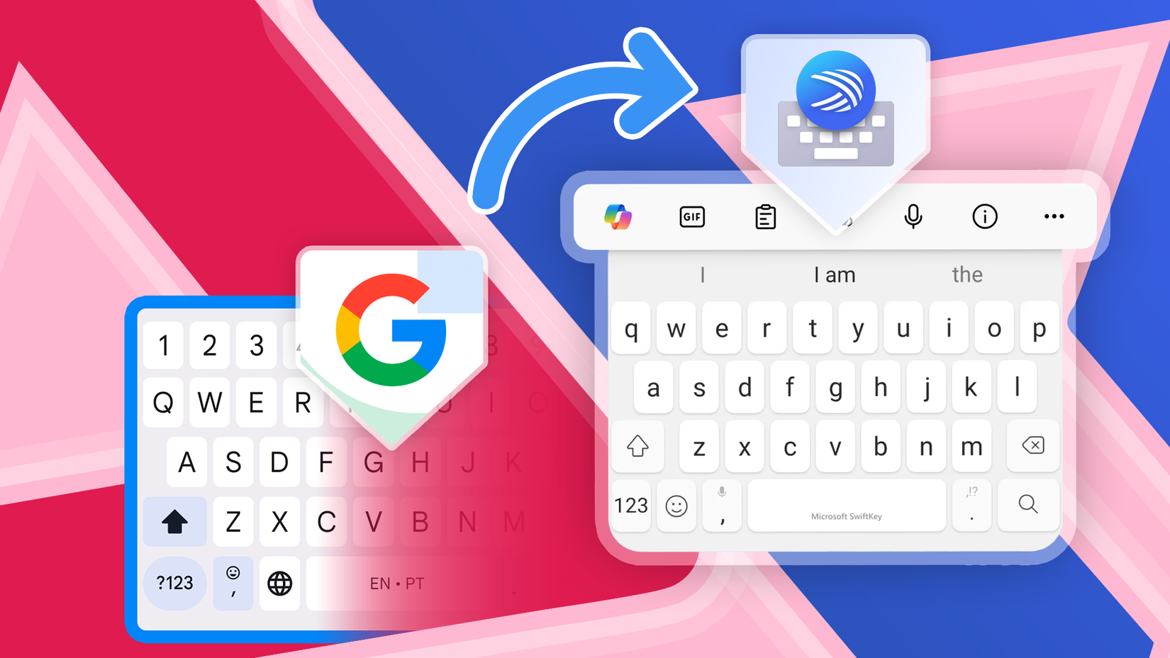 لقد قمت بتجربة SwiftKey لمدة شهر وهذه الميزات جعلتني أرغب في التخلص من Gboard إلى الأبد 6 لوحات مفاتيح Gboard وSwiftKey مع وجود سهم بينهما على خلفية ملونة.