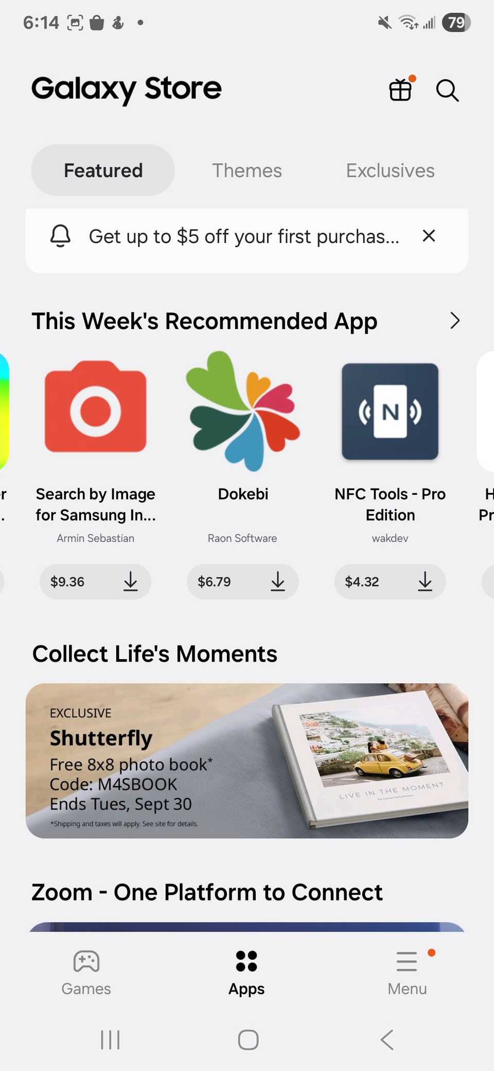 The Apps page in the Galaxy Store showing featured apps highlighted