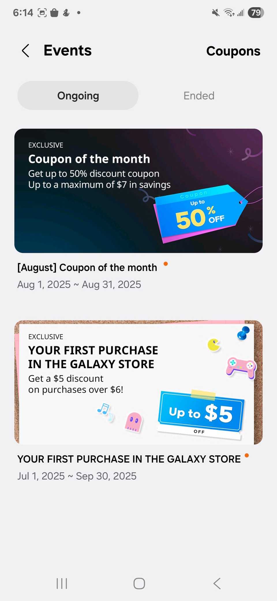 A list of events and coupons to claim in the Galaxy Store with the Ongoing tab highlighted