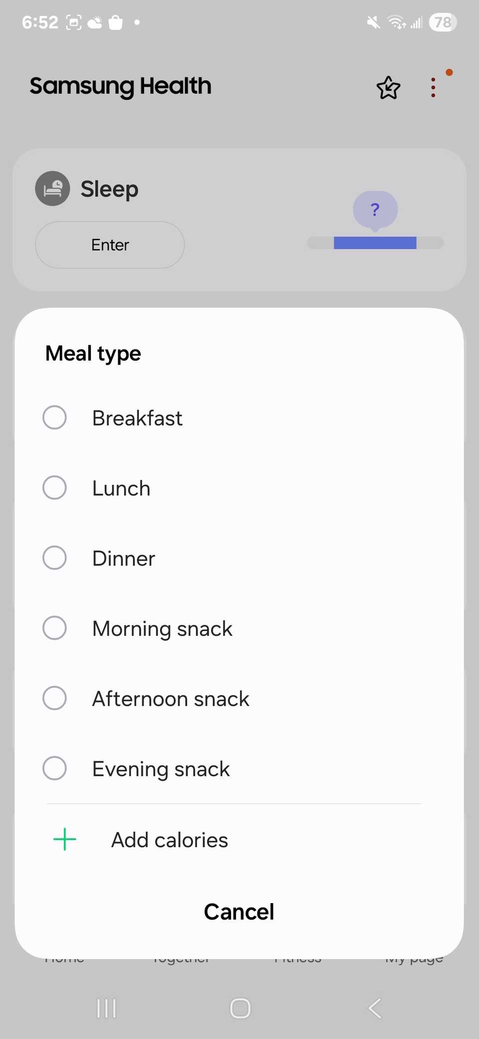 Options with radio bottoms showing the logged meal type while in the Samsung Health app