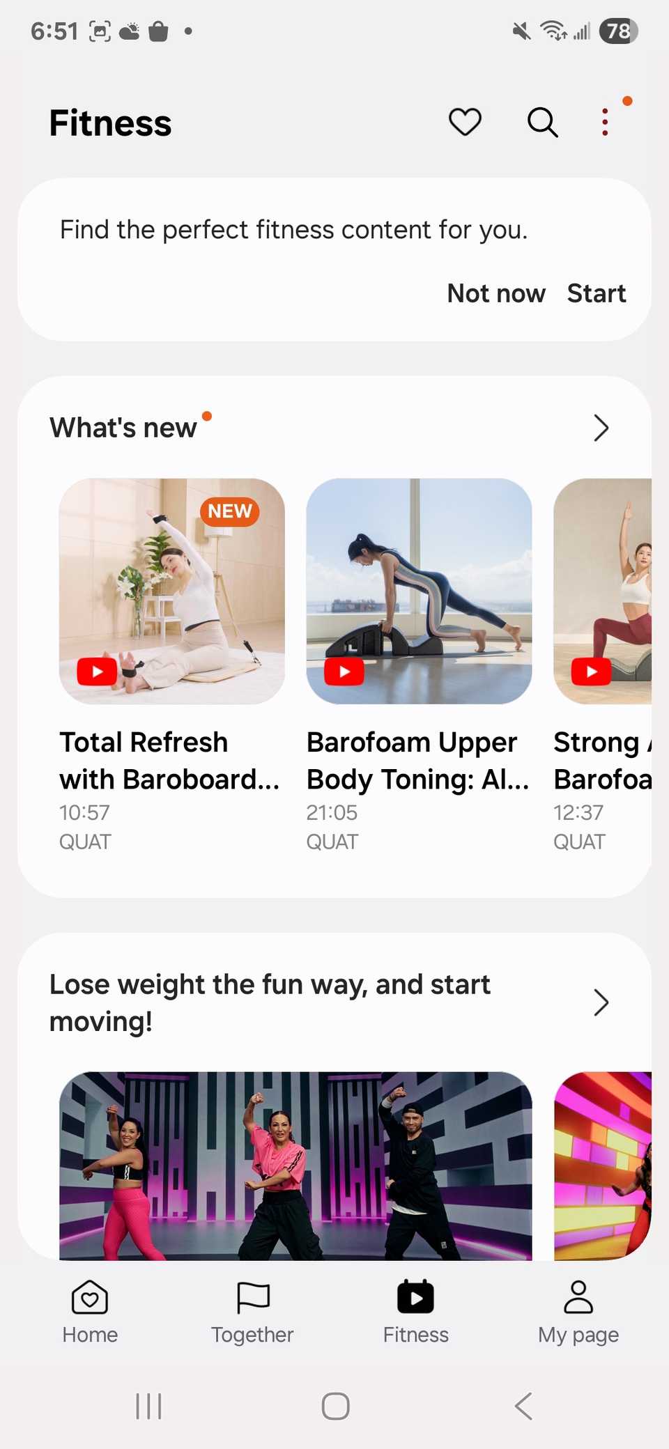 A list of fitness content to access and view while in the Samsung Health app