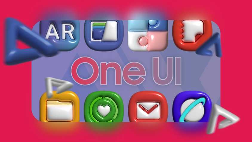 Colorful 3D-style icons of Samsung One UI apps arranged around the text 'One UI'.