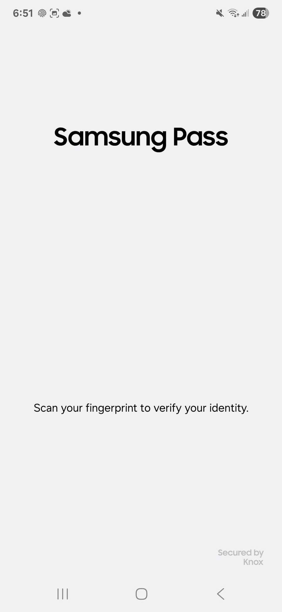Initial page of the Samsung Pass on a Galaxy phone showing 'Scan your fingerprint to verify your identity' prompt