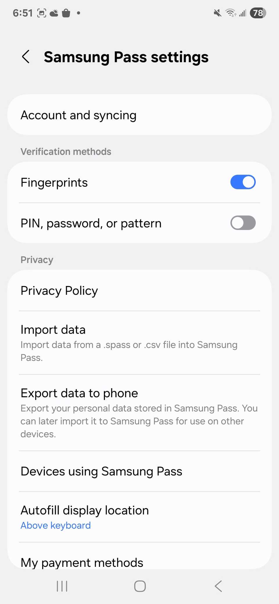 A list of settings to enable or change in Samsung Pass settings page