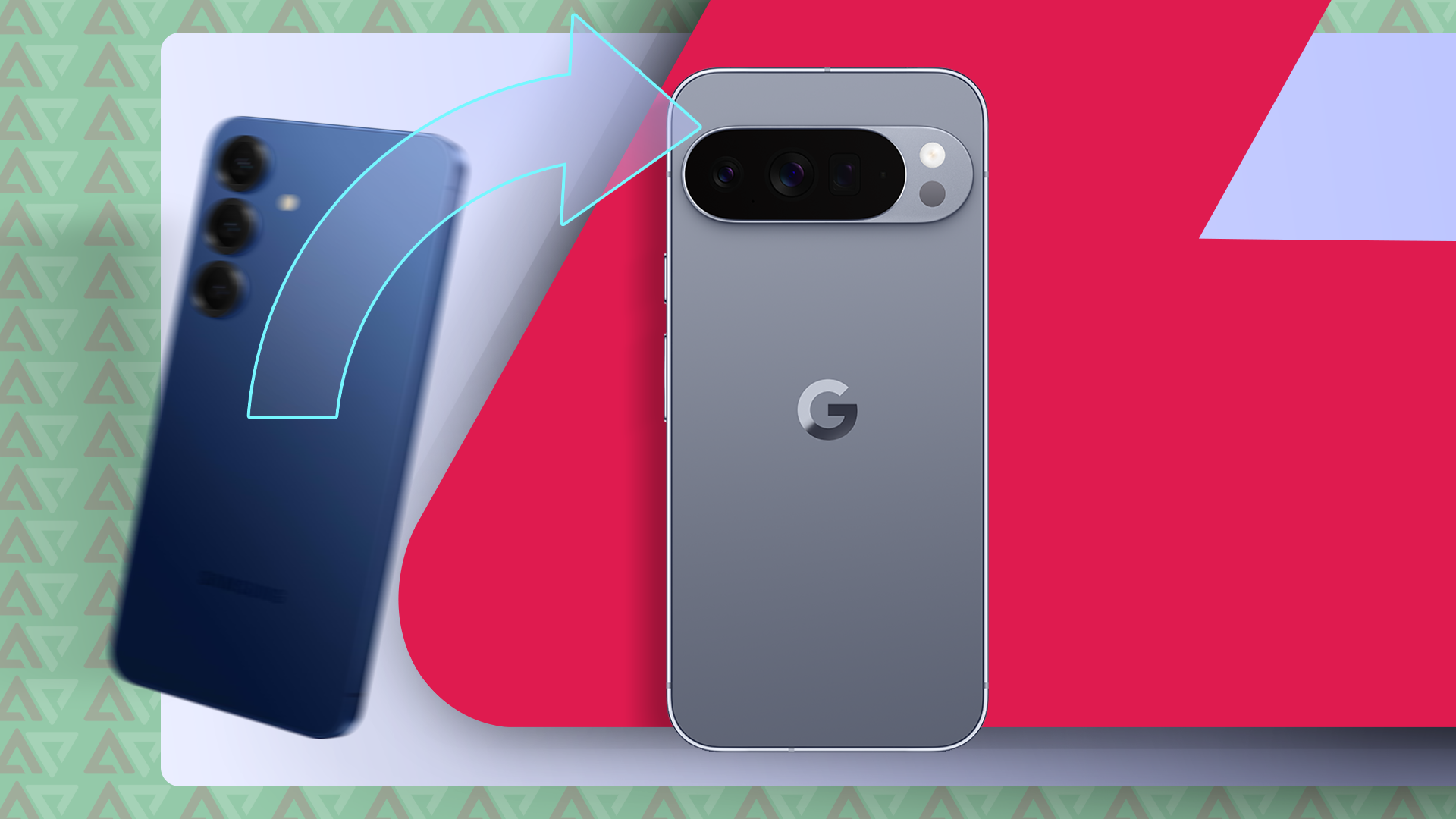 Samsung phone being replaced by a Google Pixel, shown with an arrow pointing to the Pixel.