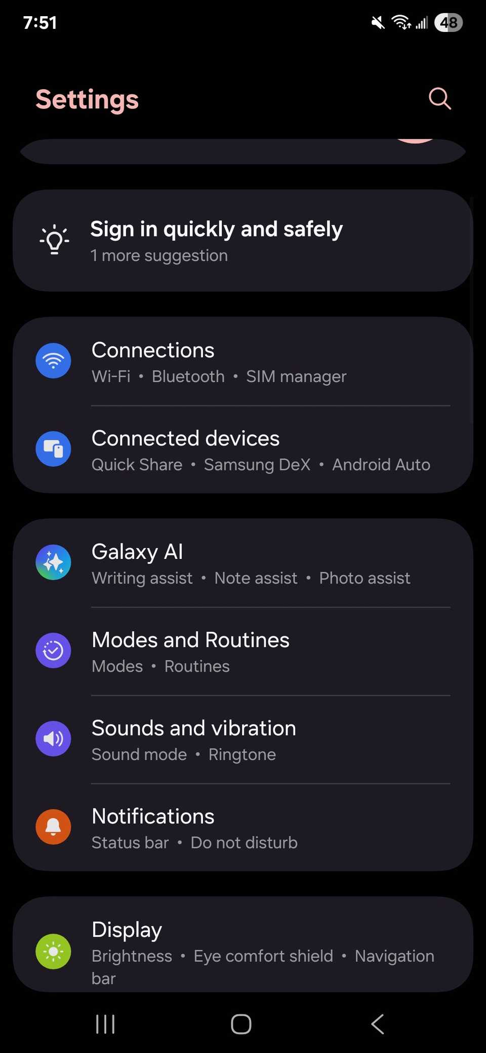 Menu Impostazioni su un telefono Samsung Galaxy con One UI 7
