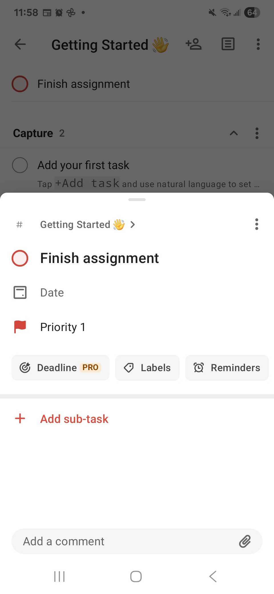Showing an entry of a task in the Getting Started section with custom options for priority and adding a sub-task in the Todoist app