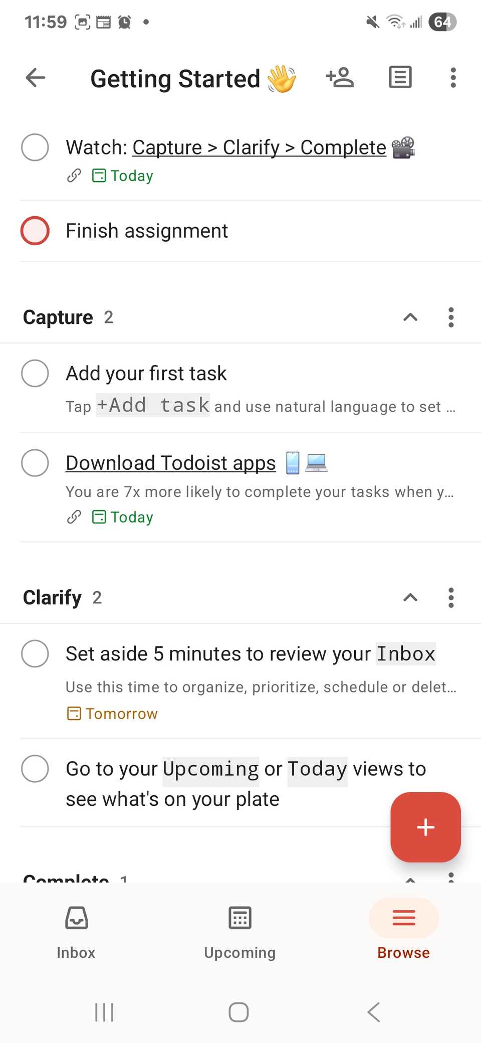 Showing the Getting Started page with a layout of tasks and checklist in the Browse tab of the Todoist app