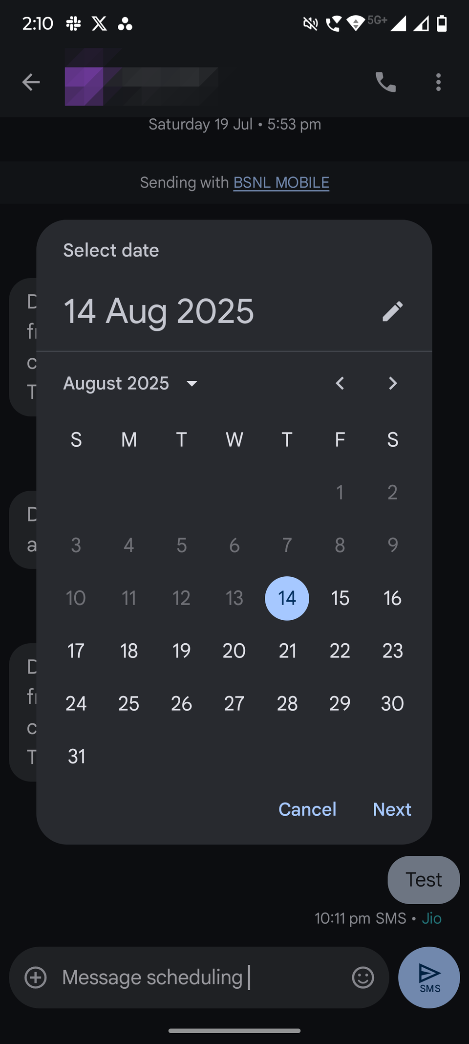 Screenshot che mostra la pianificazione dei messaggi in Google Message