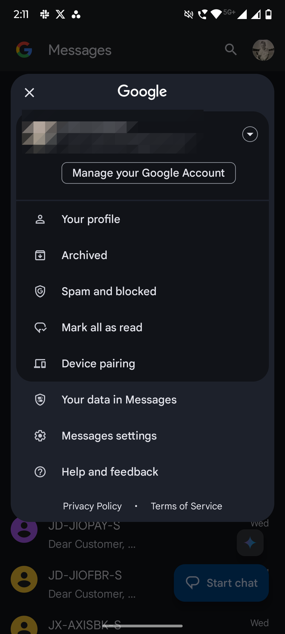 Στιγμιότυπο οθόνης που δείχνει τις λειτουργίες του Google Messages