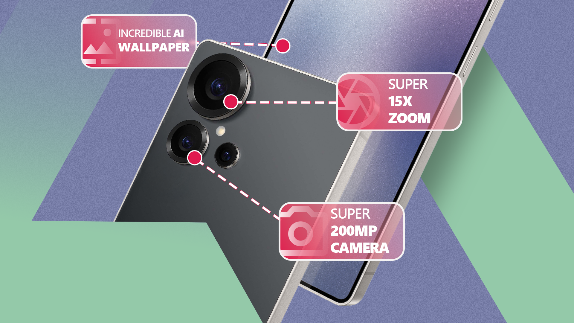 Smartphone che mette in risalto funzionalità sopravvalutate come lo sfondo AI, lo zoom e la risoluzione della fotocamera.