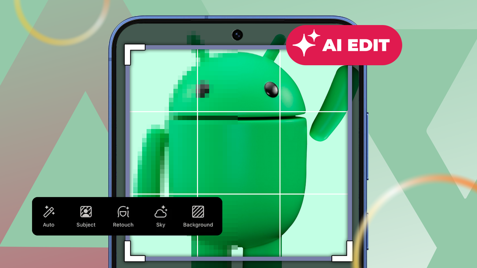 Schermo dello smartphone che mostra la mascotte Android modificata con strumenti di fotoritocco AI.-1