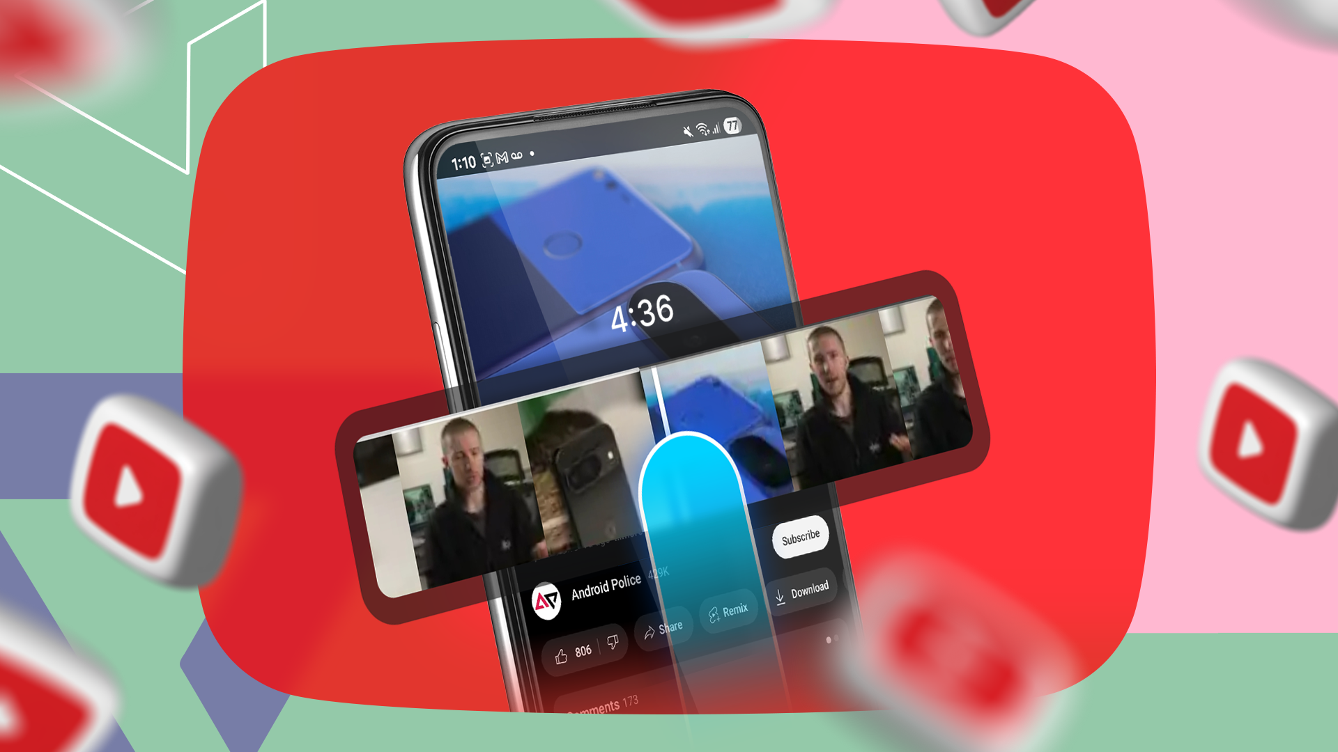 Smartphone mostrando o recurso de busca precisa do YouTube com visualizações quadro a quadro enquanto arrasta a barra de progresso.