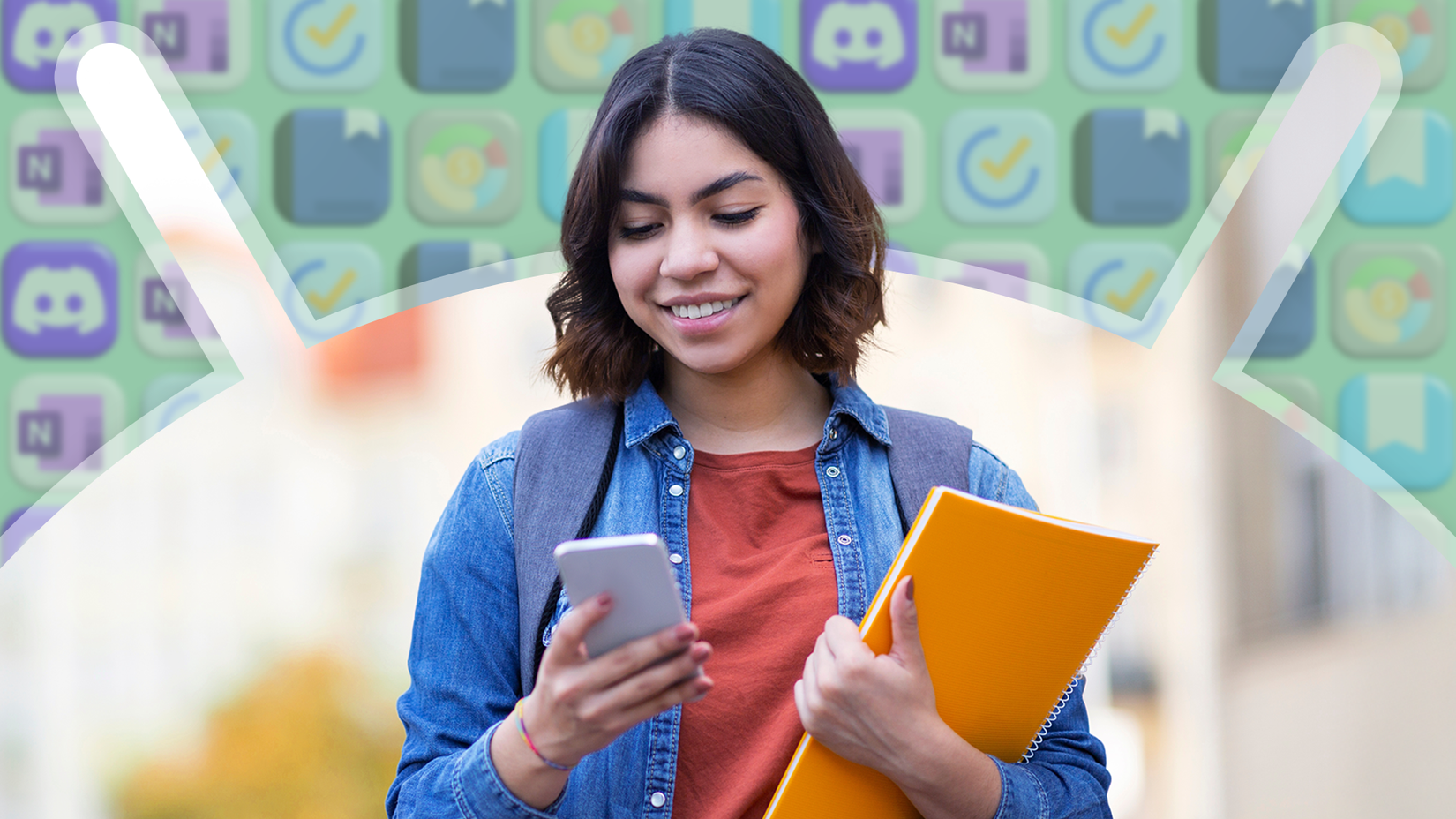 Smiling student holding a yellow notebook and smartphone, standing outdoors with blurred app icons in the background.