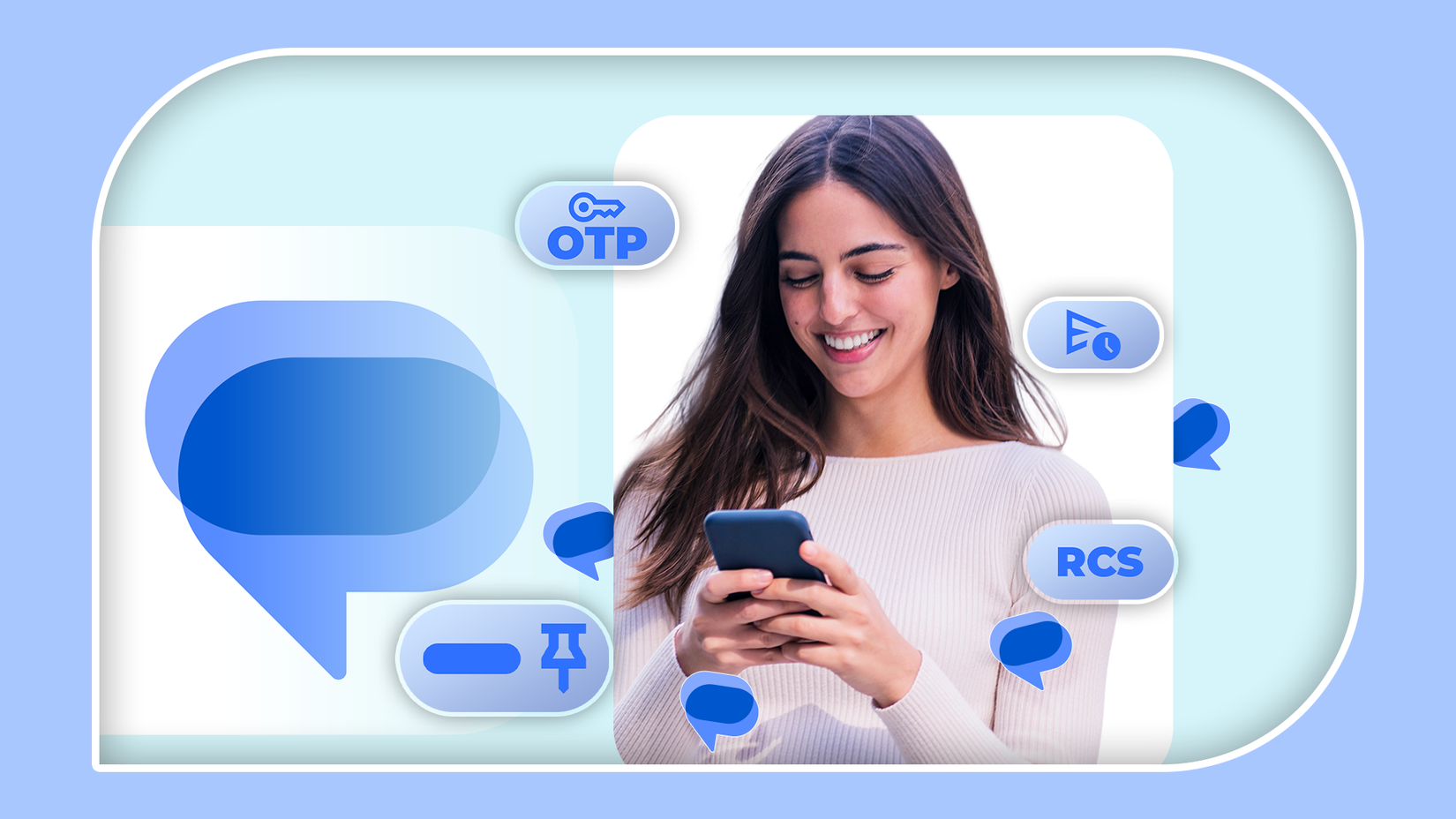 Mulher sorridente usando um smartphone, cercada por ícones do Mensagens do Google e rótulos de recursos, em um fundo com tema azul