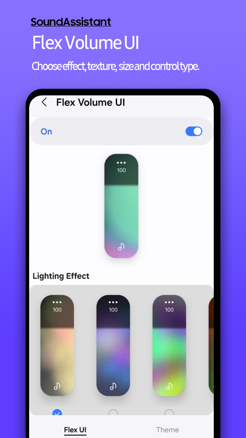 Samsung SoundAssistant screen showing customizable volume slider effects and textures