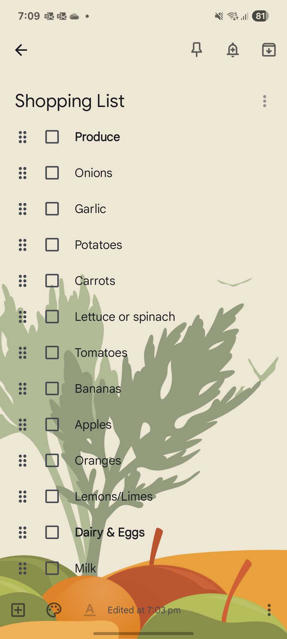 Google Keep shopping list