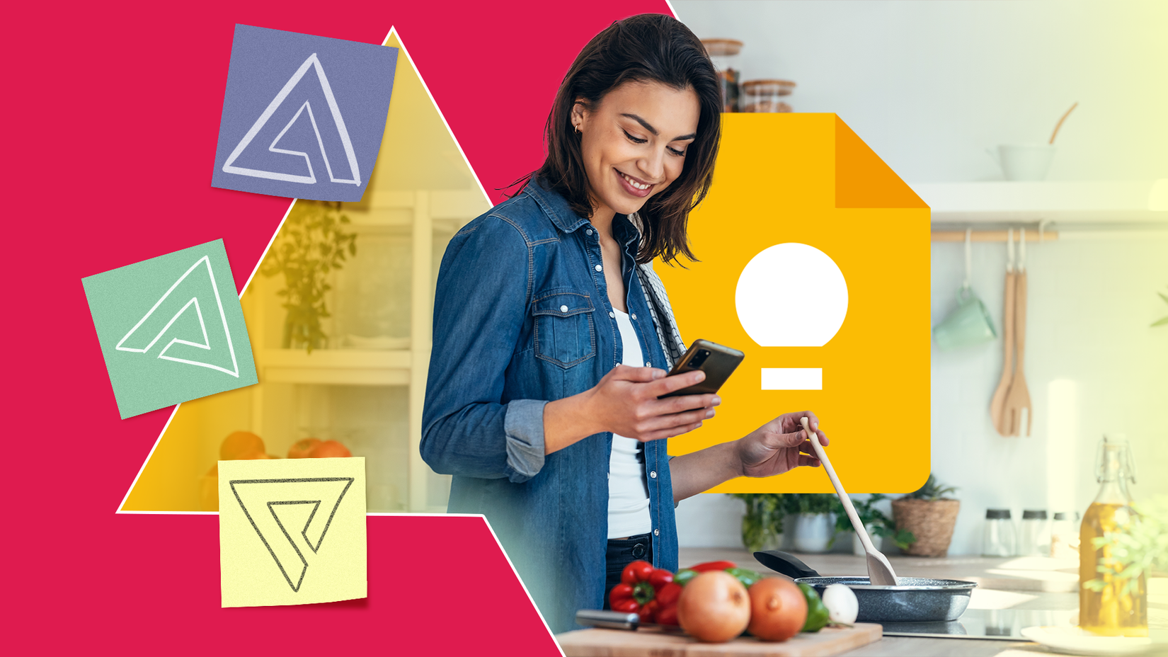 Woman in a kitchen using her phone while cooking, with a large Google Keep icon and colorful sticky notes in the background