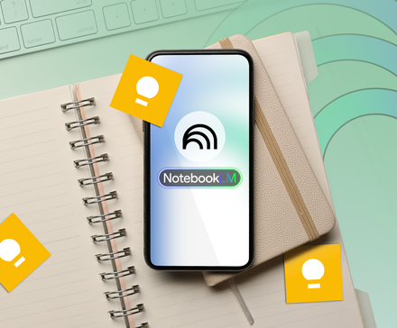 Smartphone displaying the NotebookLM logo on top of open notebooks, surrounded by Google Keep notes.