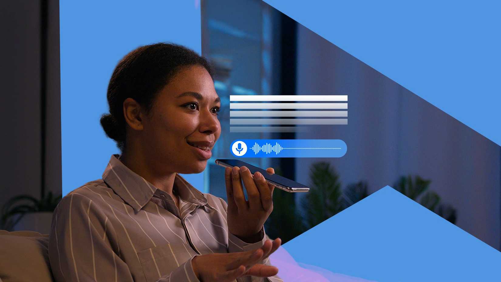 Mulher gravando um diário de voz noturno em seu smartphone, com transcrição de voz e ícones de áudio sobrepostos na tela