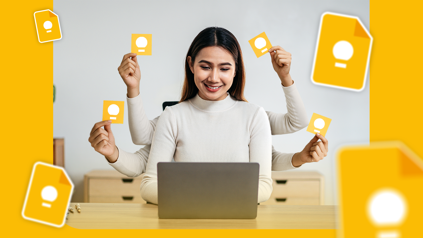 Woman smiling at a laptop with multiple arms holding Google Keep sticky notes, surrounded by floating Google Keep logos.