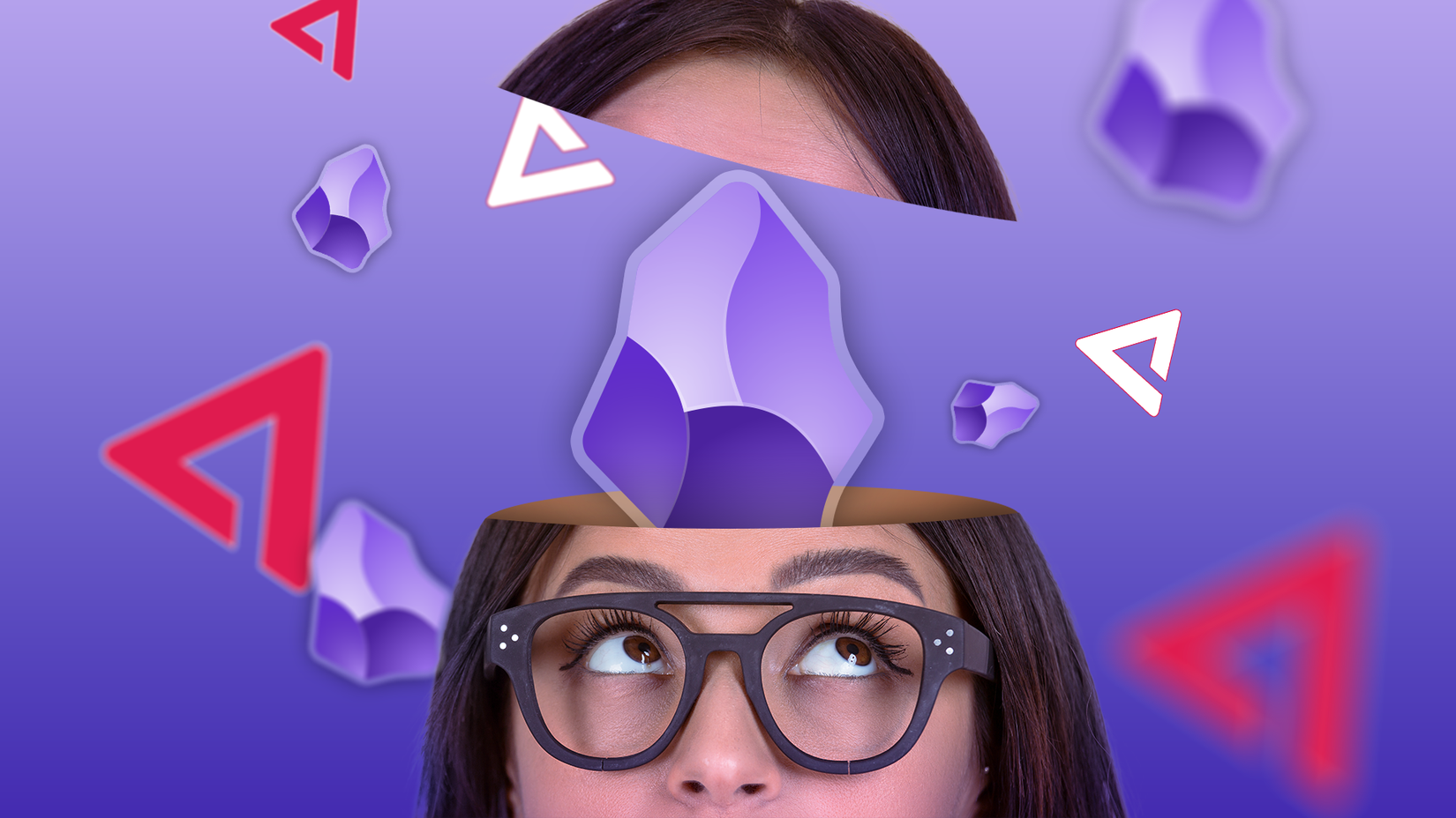 Woman wearing glasses looking upward as the top of her head is opened, with Obsidian icons emerging from it.