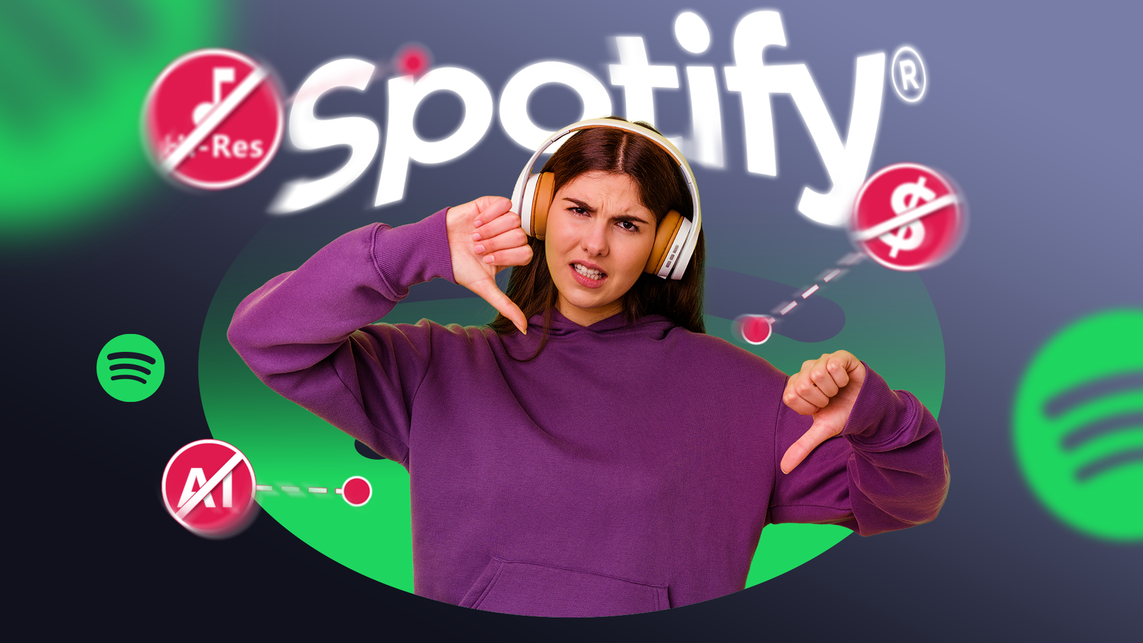 امرأة ترتدي سماعات رأس وسترة أرجوانية اللون تشير بإبهامها لأسفل، مع وجود شعار Spotify في الخلفية وأيقونات تشير إلى نقاط سلبية.