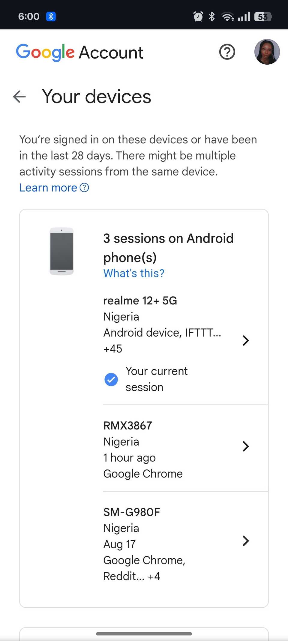 Google帐户网页上的活动设备和HORODATAGE的列表