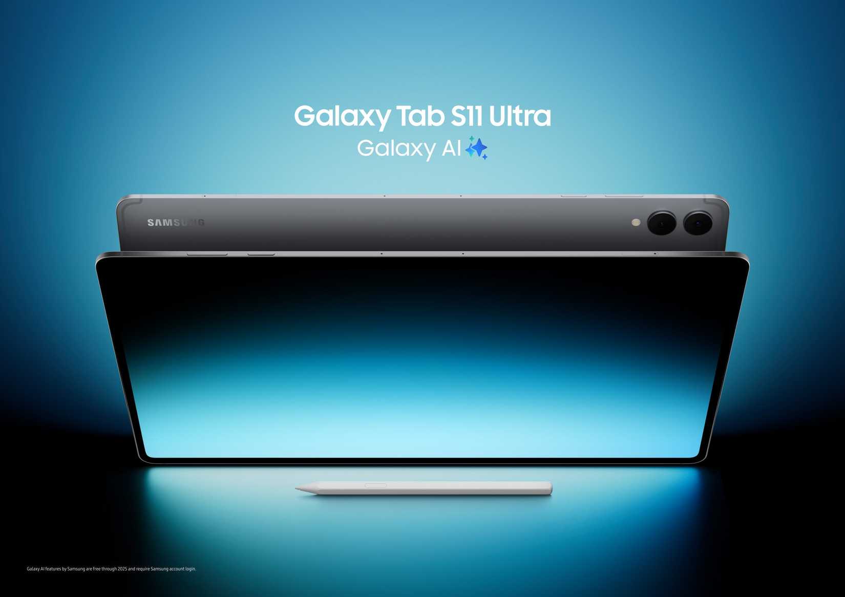 A promotional render of the Galaxy Tab S11 Ultra on a stylized, blue and black background.
