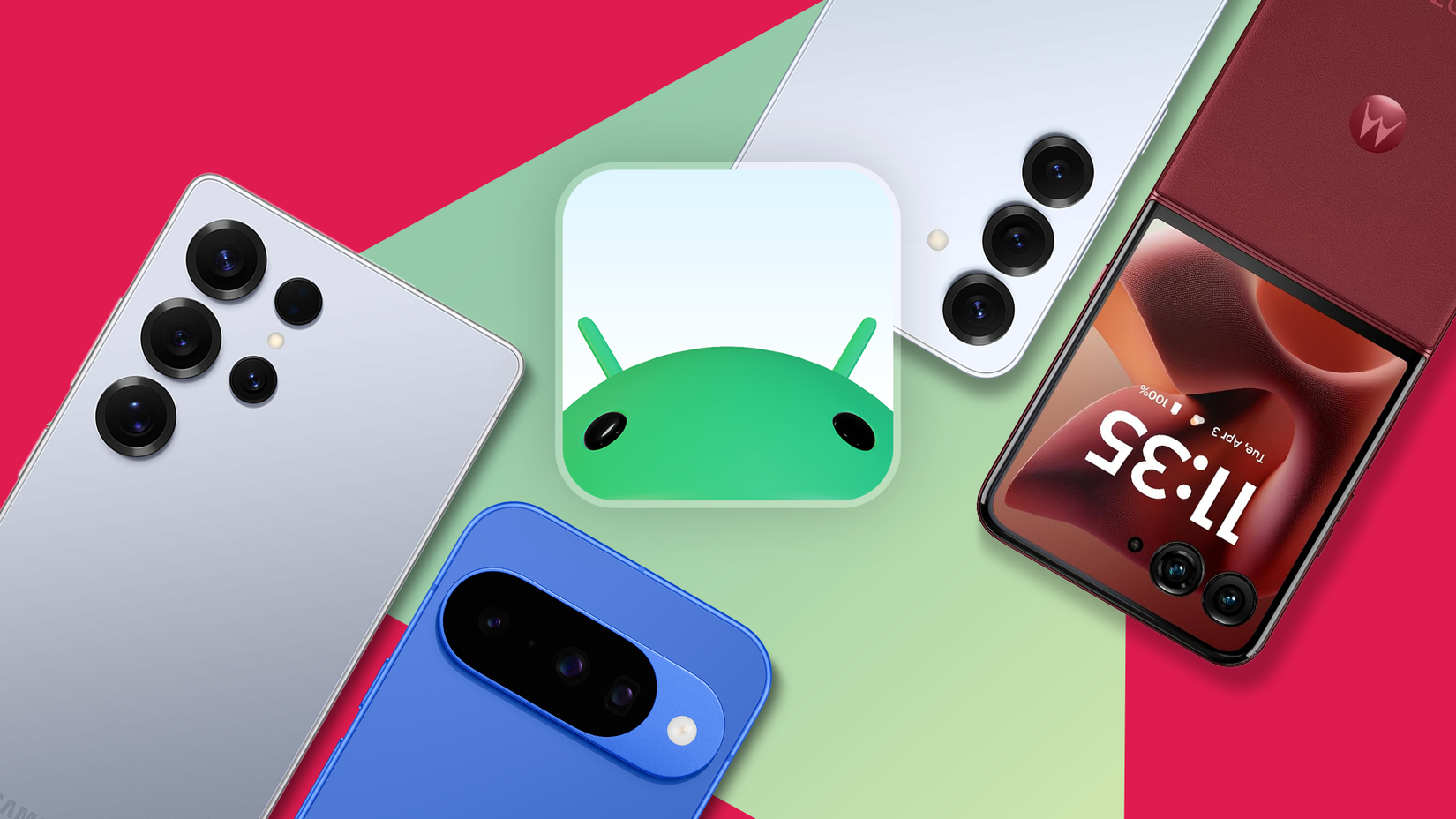 Colagem dos principais smartphones Android em torno do logotipo do Android.