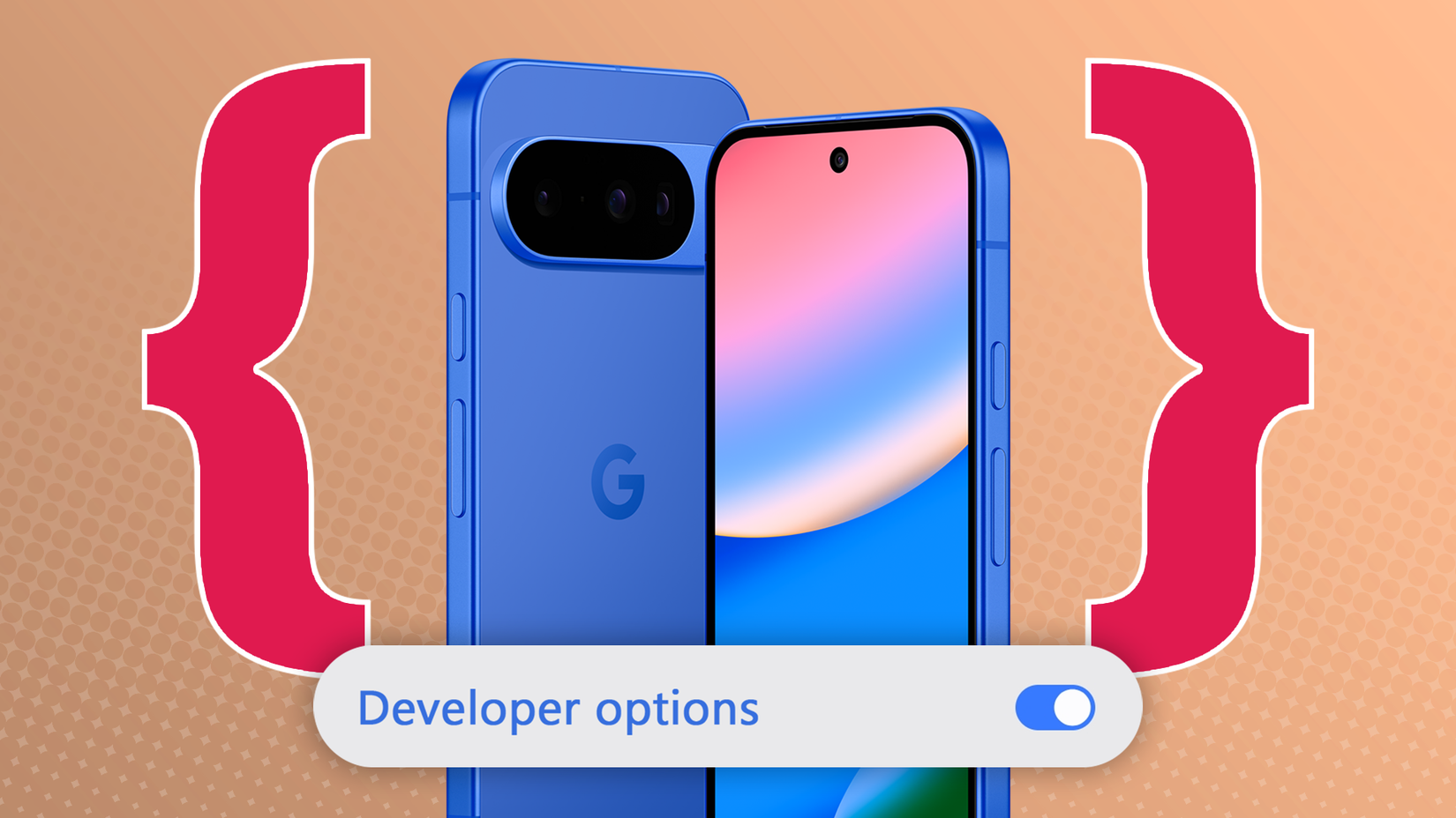 Um Google Pixel 10 azul com grandes chaves vermelhas em cada lado e um botão de opções do desenvolvedor ativado na parte inferior.