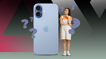 Uma mulher ao lado de um iPhone 17 com pontos de interrogação ao redor.